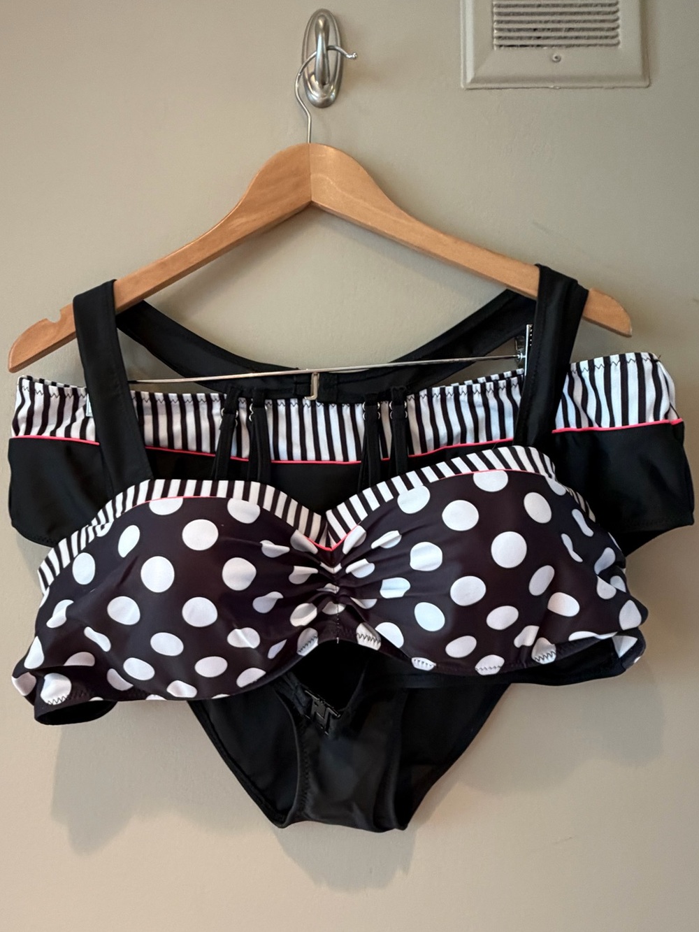 Polka Dot Black & White Bandeau Bikini Set XXL New